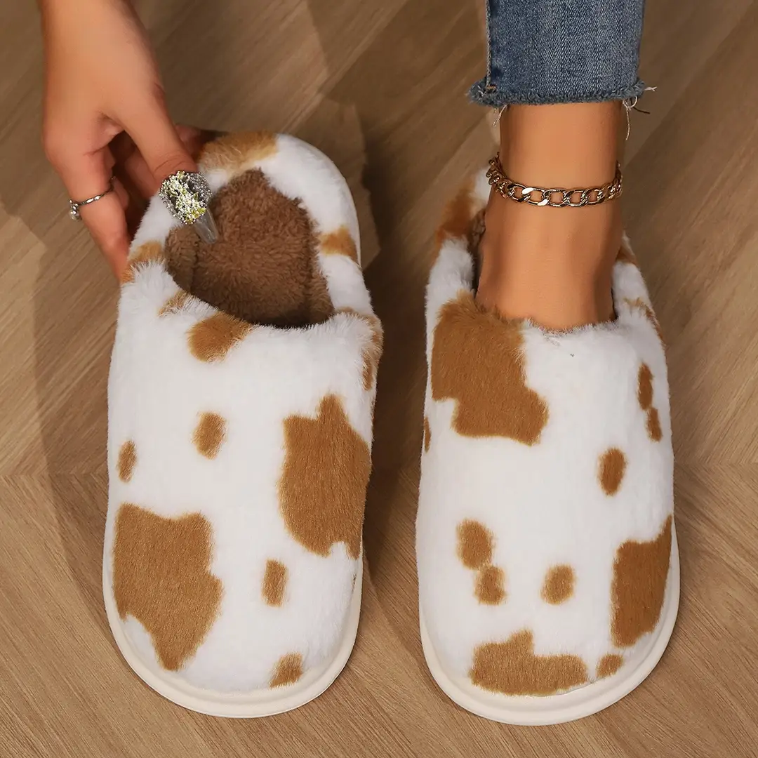 Cross-Border Spotted Furry Slippers, Home Non-Slip Cotton Slippers for Women, Fleece-Lined Warm Winter Furry Thick-Soled Slippers for Men