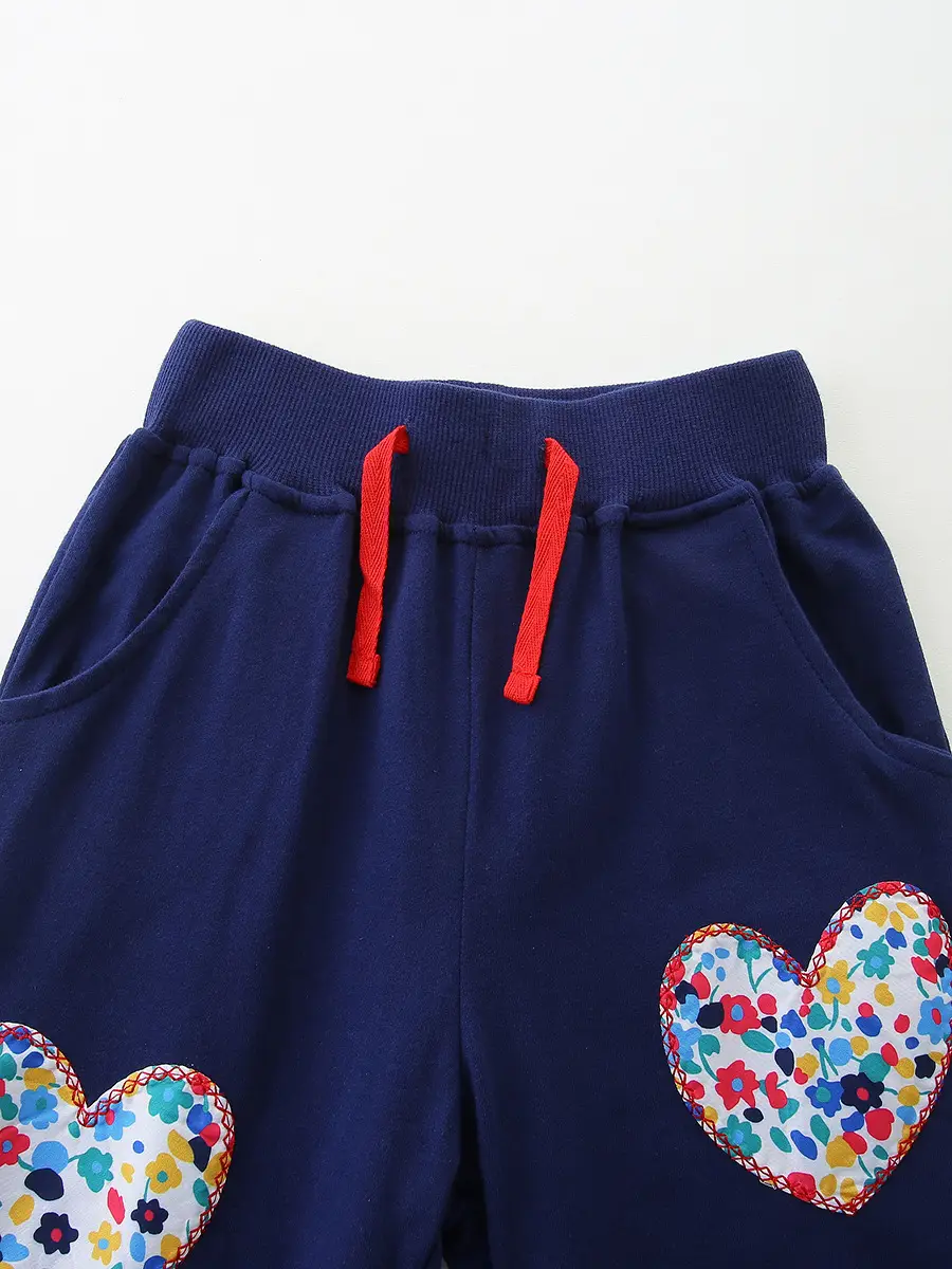 25 Autumn New Girls' Knitted Cotton Trouser Blue Embroidered