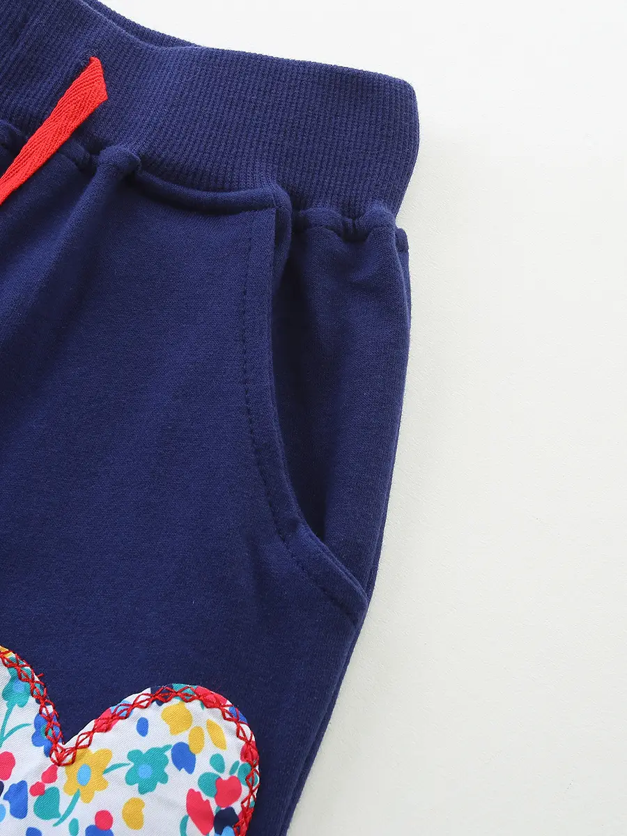 25 Autumn New Girls' Knitted Cotton Trouser Blue Embroidered