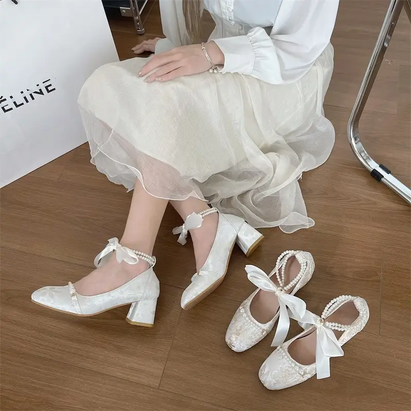 High Heels Women's 2025 New New Chinoiserie Pearl Retro Thick Heel Mary Jane Shoes Square Toe Shallow Mouth Versatile Shoes