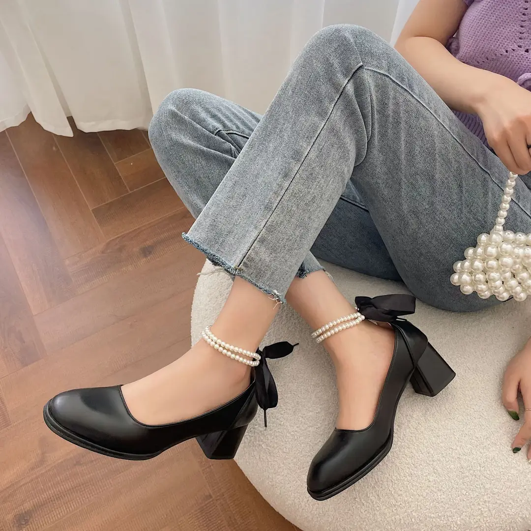 Mary Jane Shoes 2025 New French Pearl Chain Bow High Heels Square Toe Thick Heels Shallow Mouth Easiest for Match Shoes - Image 4