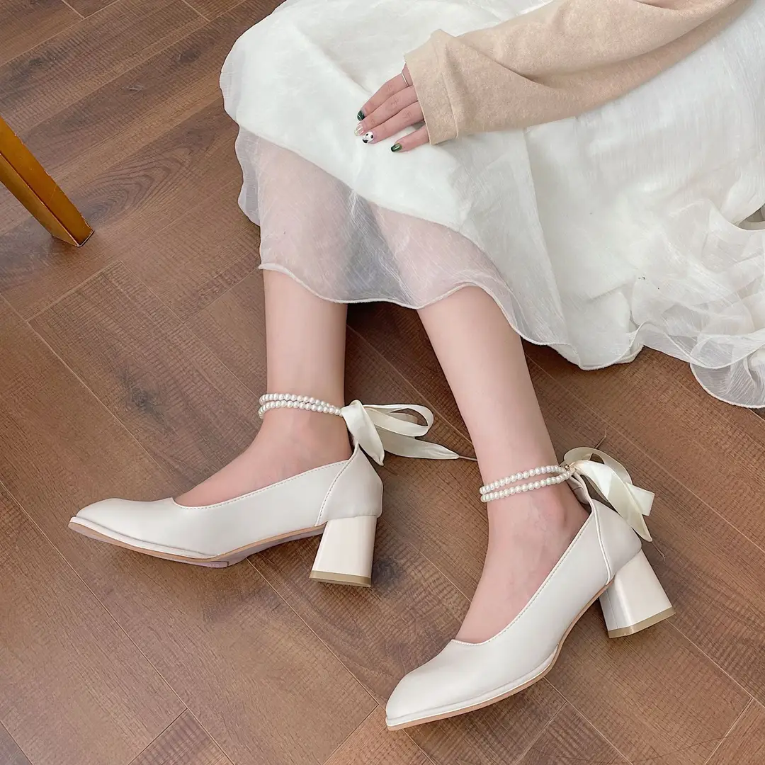 Mary Jane Shoes 2025 New French Pearl Chain Bow High Heels Square Toe Thick Heels Shallow Mouth Easiest for Match Shoes - Image 5