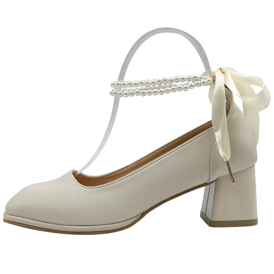 Mary Jane Shoes 2025 New French Pearl Chain Bow High Heels Square Toe Thick Heels Shallow Mouth Easiest for Match Shoes - Image 7