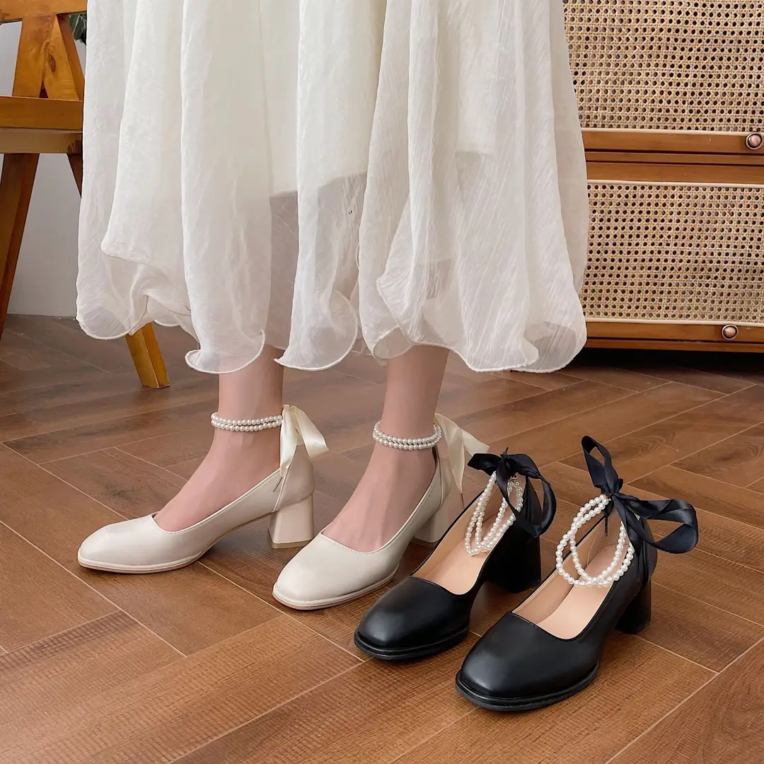 Mary Jane Shoes 2025 New French Pearl Chain Bow High Heels Square Toe Thick Heels Shallow Mouth Easiest for Match Shoes — feature 5