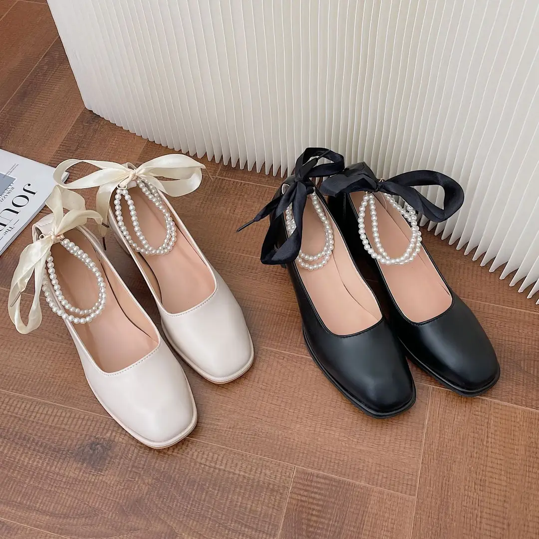 Mary Jane Shoes 2025 New French Pearl Chain Bow High Heels Square Toe Thick Heels Shallow Mouth Easiest for Match Shoes — feature 8