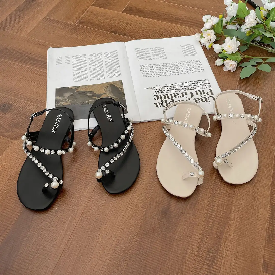 High Heels for Women 2025 Summer New Style Round Toe Rhinestone Fairy Style Pearl Thong Toe Strap Versatile Sandals for Women - Image 6