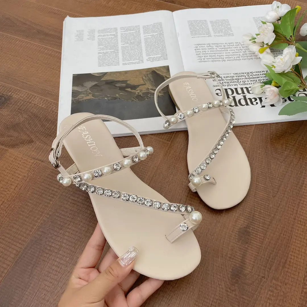 High Heels for Women 2025 Summer New Style Round Toe Rhinestone Fairy Style Pearl Thong Toe Strap Versatile Sandals for Women — feature 11