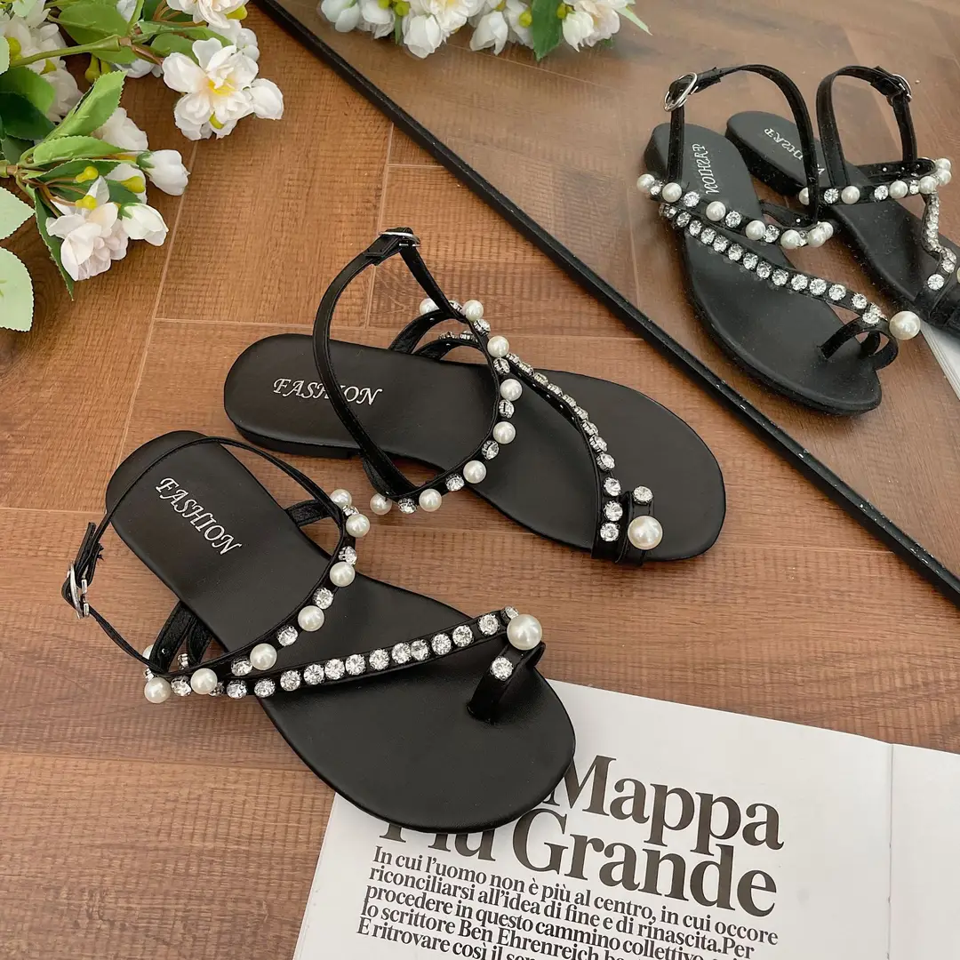 High Heels for Women 2025 Summer New Style Round Toe Rhinestone Fairy Style Pearl Thong Toe Strap Versatile Sandals for Women — feature 13