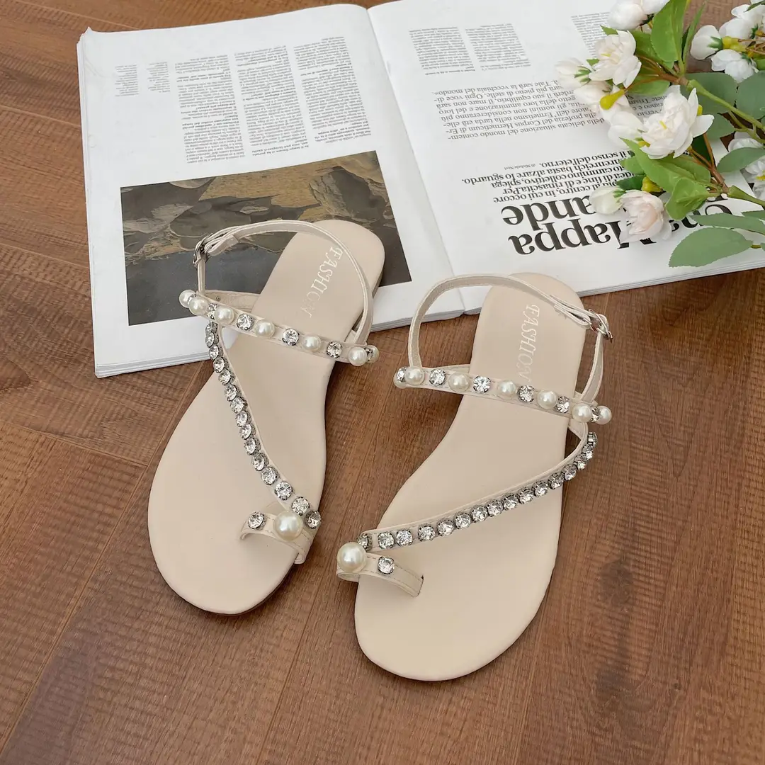 High Heels for Women 2025 Summer New Style Round Toe Rhinestone Fairy Style Pearl Thong Toe Strap Versatile Sandals for Women — feature 15