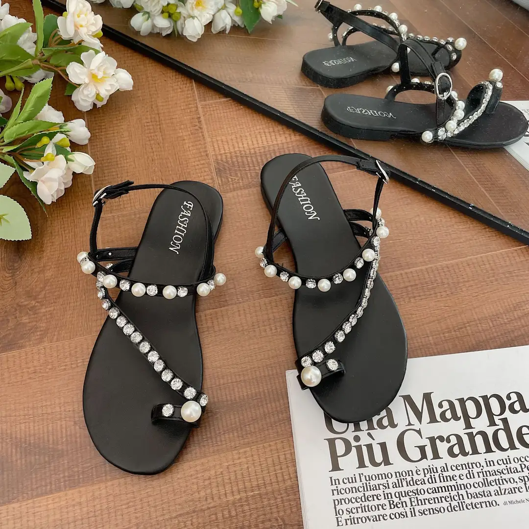 High Heels for Women 2025 Summer New Style Round Toe Rhinestone Fairy Style Pearl Thong Toe Strap Versatile Sandals for Women — feature 5