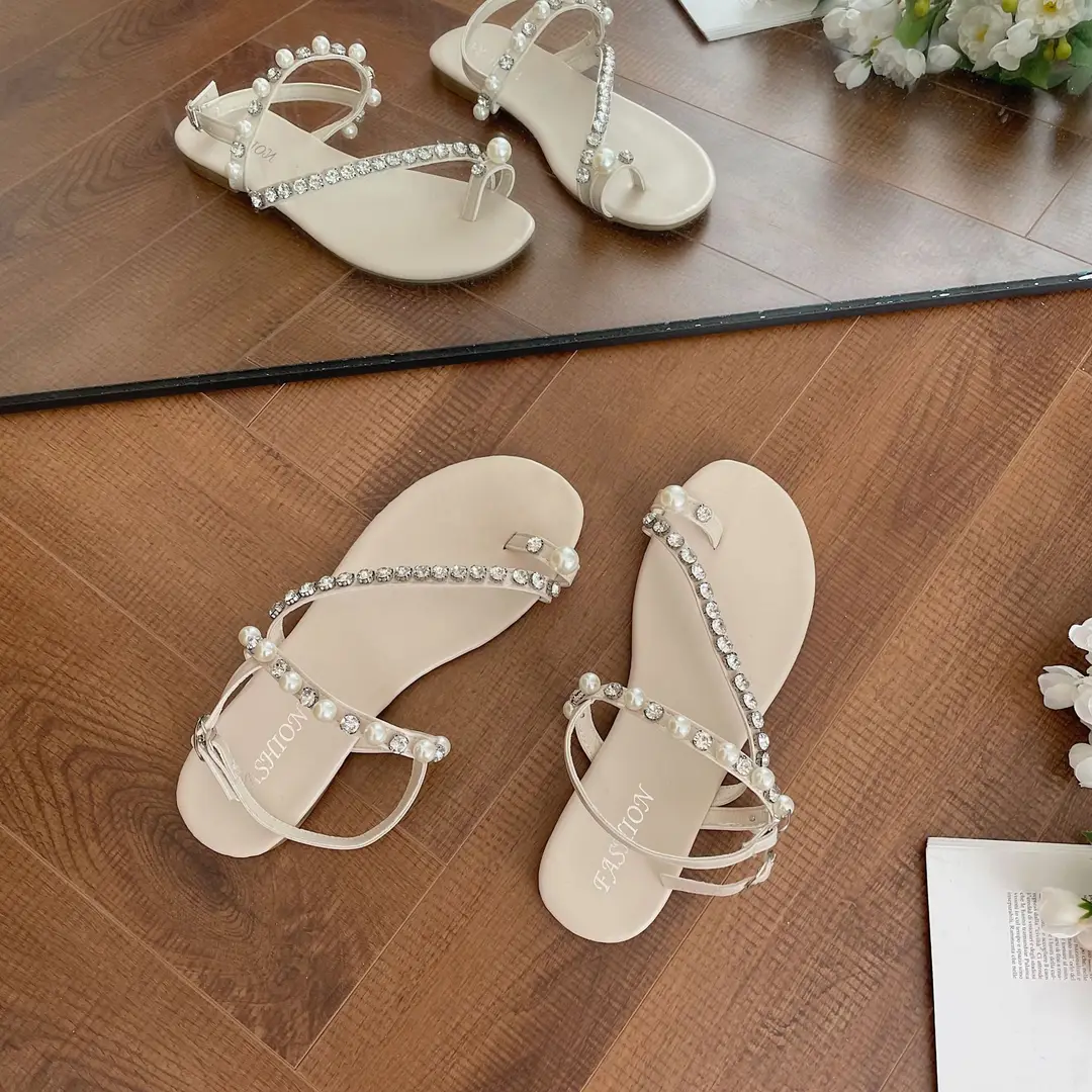 High Heels for Women 2025 Summer New Style Round Toe Rhinestone Fairy Style Pearl Thong Toe Strap Versatile Sandals for Women — feature 6