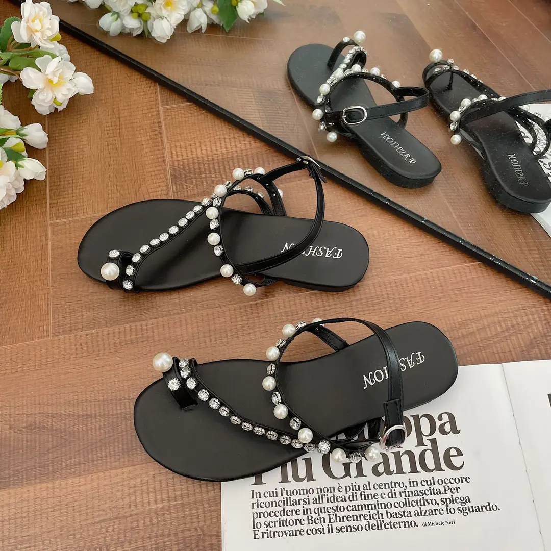 High Heels for Women 2025 Summer New Style Round Toe Rhinestone Fairy Style Pearl Thong Toe Strap Versatile Sandals for Women — feature 7