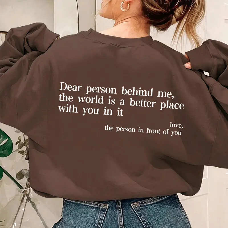 Women Fleece Letter Printed Sweater Brown Casual Top - Image 8