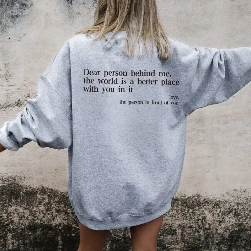 Women Fleece Letter Printed Sweater Brown Casual Top — feature 7