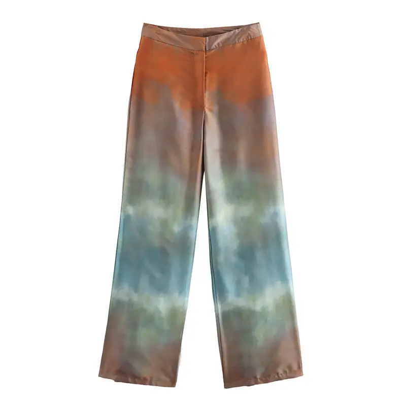 Foreign Trade 2024 Summer New Women's Wear Silk Satin Texture Gradient Loose Shirt Top Tie-Dye Printed Pants suit