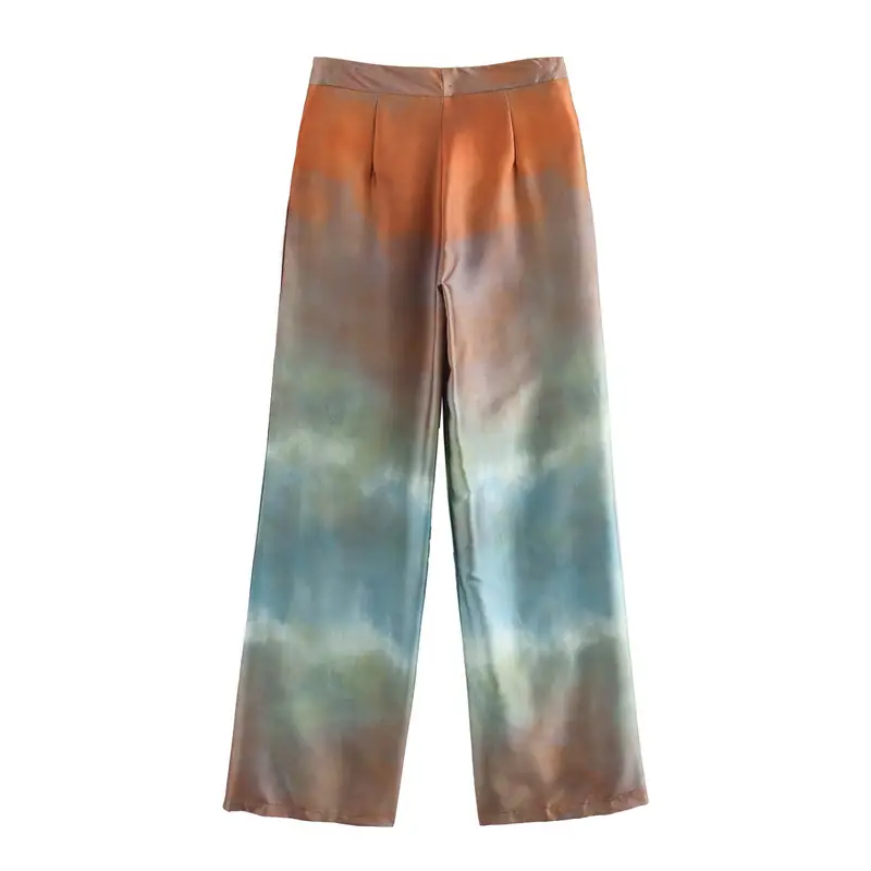 Foreign Trade 2024 Summer New Women's Wear Silk Satin Texture Gradient Loose Shirt Top Tie-Dye Printed Pants suit