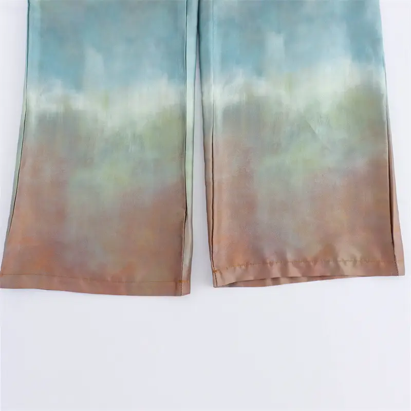 Foreign Trade 2024 Summer New Women's Wear Silk Satin Texture Gradient Loose Shirt Top Tie-Dye Printed Pants suit — feature 15