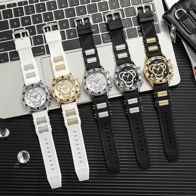 Men's White Gold Chronograph Watch with White Strap — feature 2