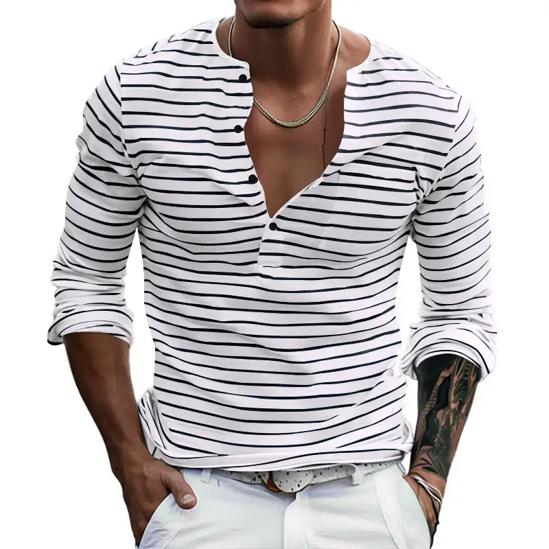 Men Striped Long Sleeve Henry T-Shirt Black White - Image 6