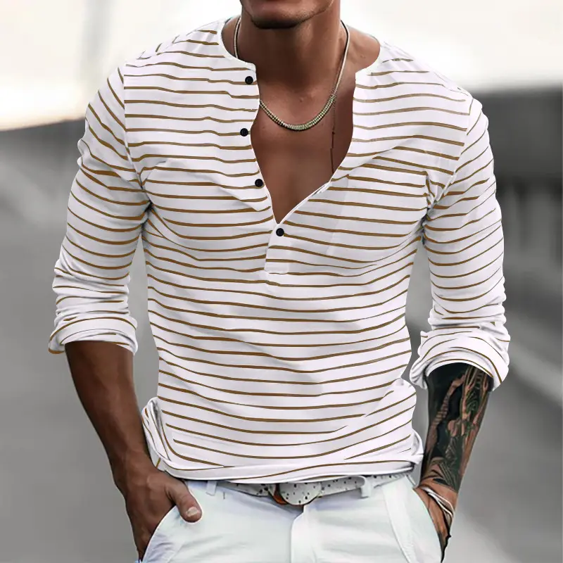 Men Striped Long Sleeve Henry T-Shirt Black White — feature 12