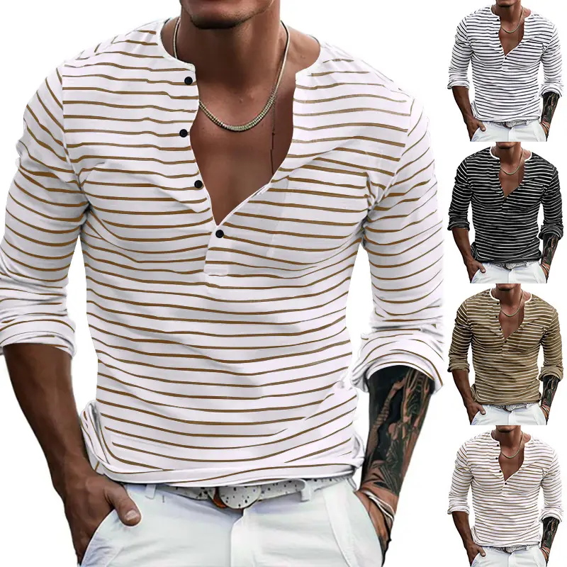 Men Striped Long Sleeve Henry T-Shirt Black White — feature 3
