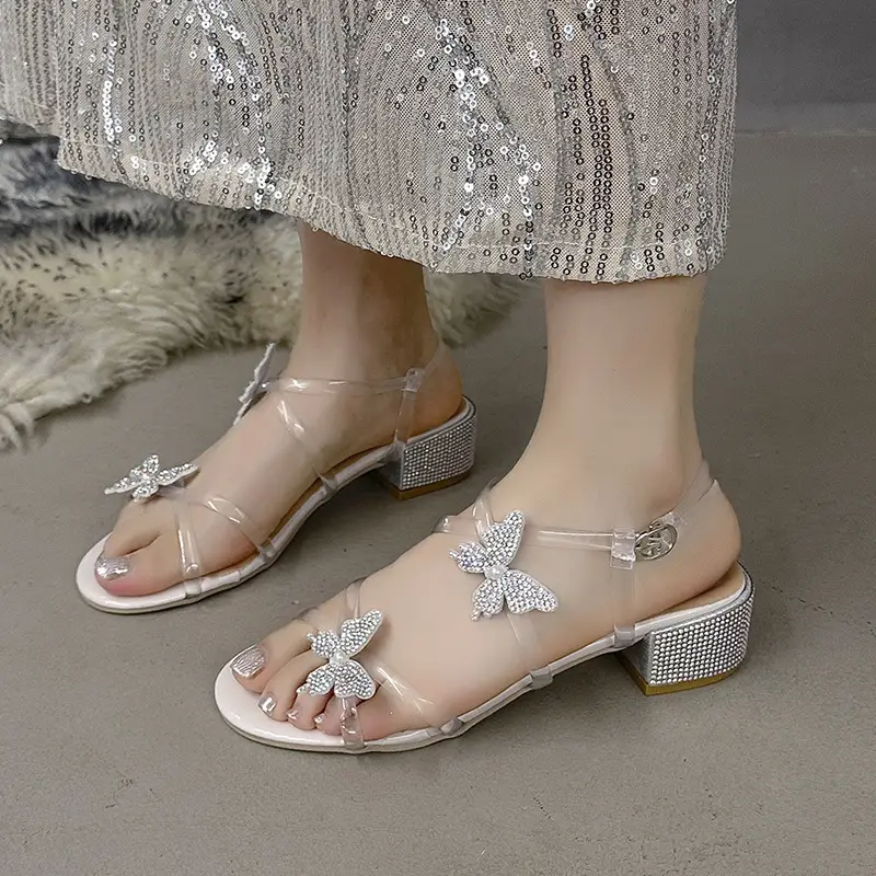 High Heels for Women 2025 Summer New Fairy Style Rhinestone Bow Round Toe Open Toe Thick Heel Versatile Sandals for Women - Image 3