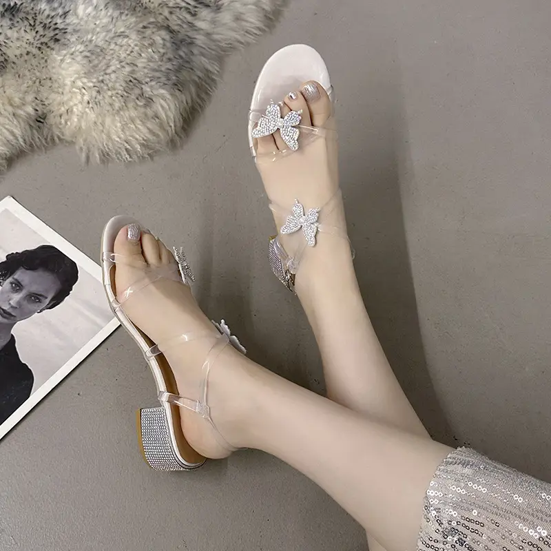 High Heels for Women 2025 Summer New Fairy Style Rhinestone Bow Round Toe Open Toe Thick Heel Versatile Sandals for Women - Image 5