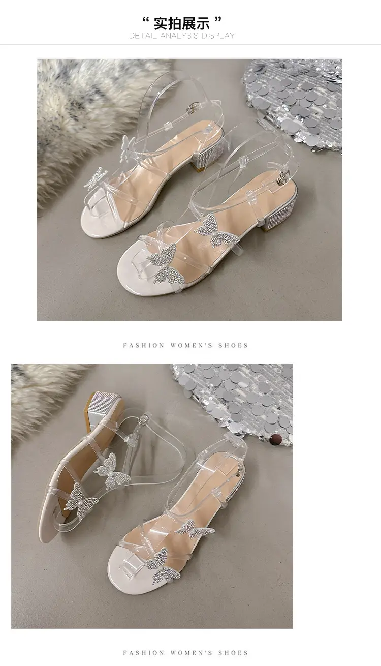 High Heels for Women 2025 Summer New Fairy Style Rhinestone Bow Round Toe Open Toe Thick Heel Versatile Sandals for Women — feature 10