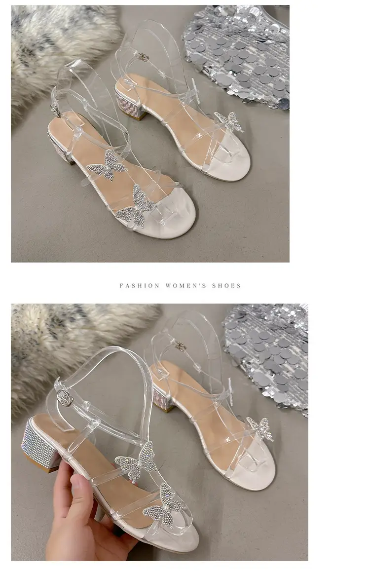 High Heels for Women 2025 Summer New Fairy Style Rhinestone Bow Round Toe Open Toe Thick Heel Versatile Sandals for Women — feature 11