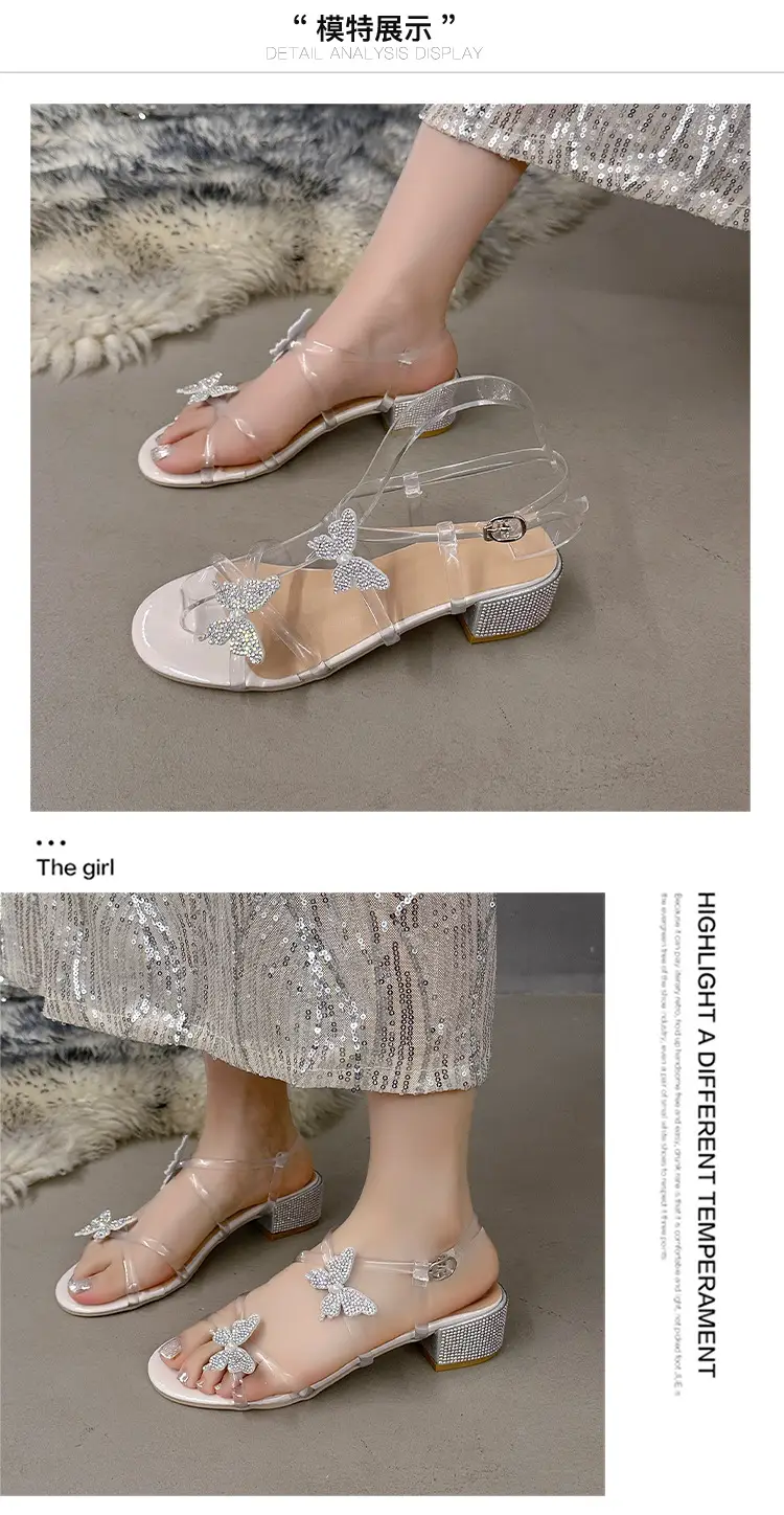 High Heels for Women 2025 Summer New Fairy Style Rhinestone Bow Round Toe Open Toe Thick Heel Versatile Sandals for Women — feature 4