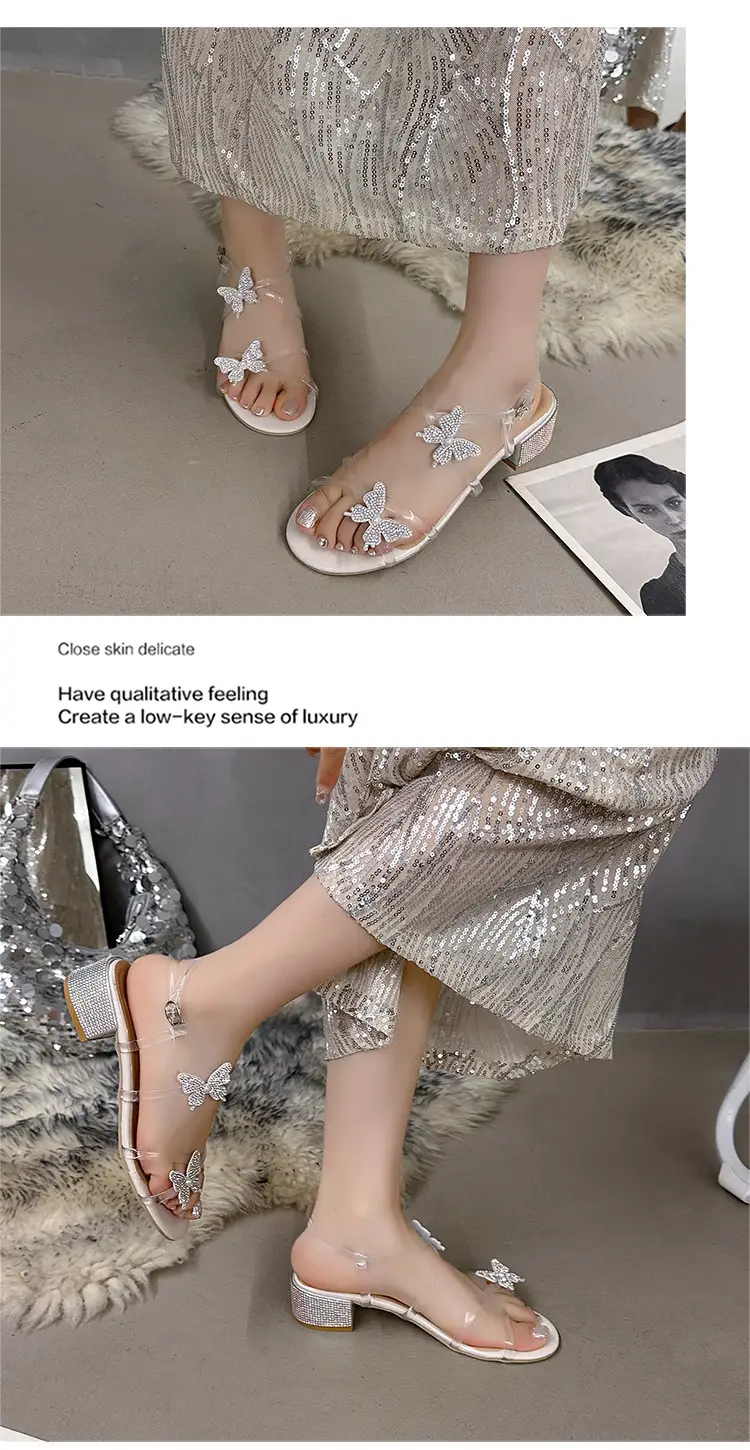 High Heels for Women 2025 Summer New Fairy Style Rhinestone Bow Round Toe Open Toe Thick Heel Versatile Sandals for Women — feature 5