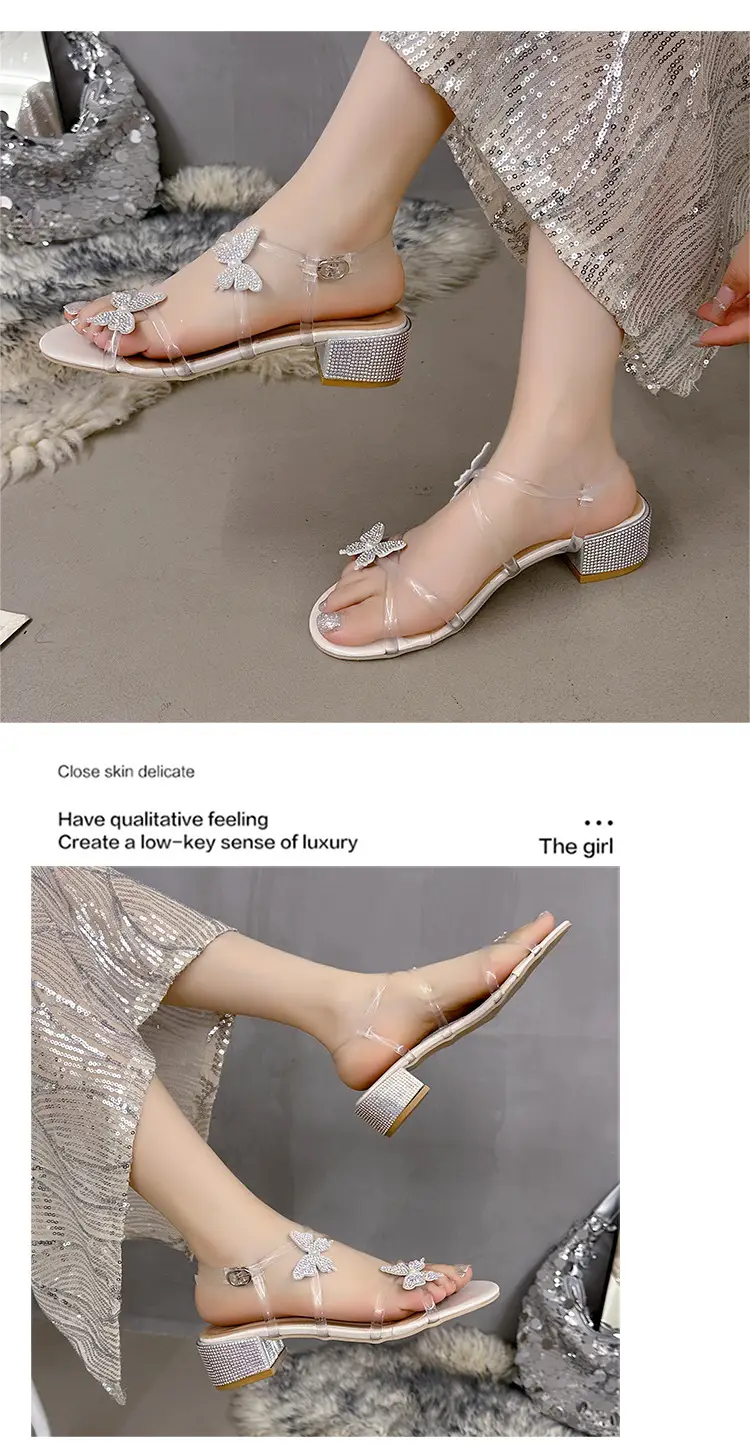 High Heels for Women 2025 Summer New Fairy Style Rhinestone Bow Round Toe Open Toe Thick Heel Versatile Sandals for Women — feature 7