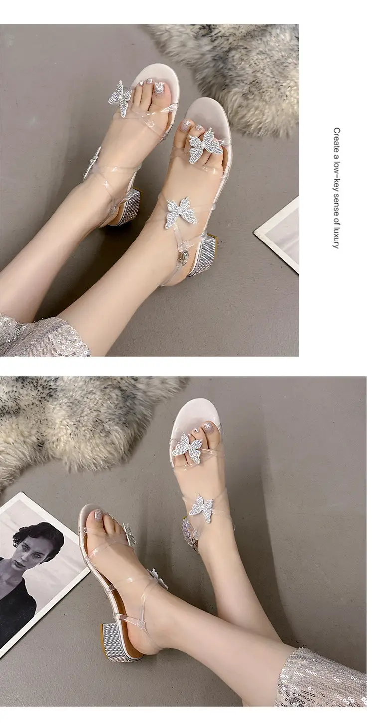 High Heels for Women 2025 Summer New Fairy Style Rhinestone Bow Round Toe Open Toe Thick Heel Versatile Sandals for Women — feature 9
