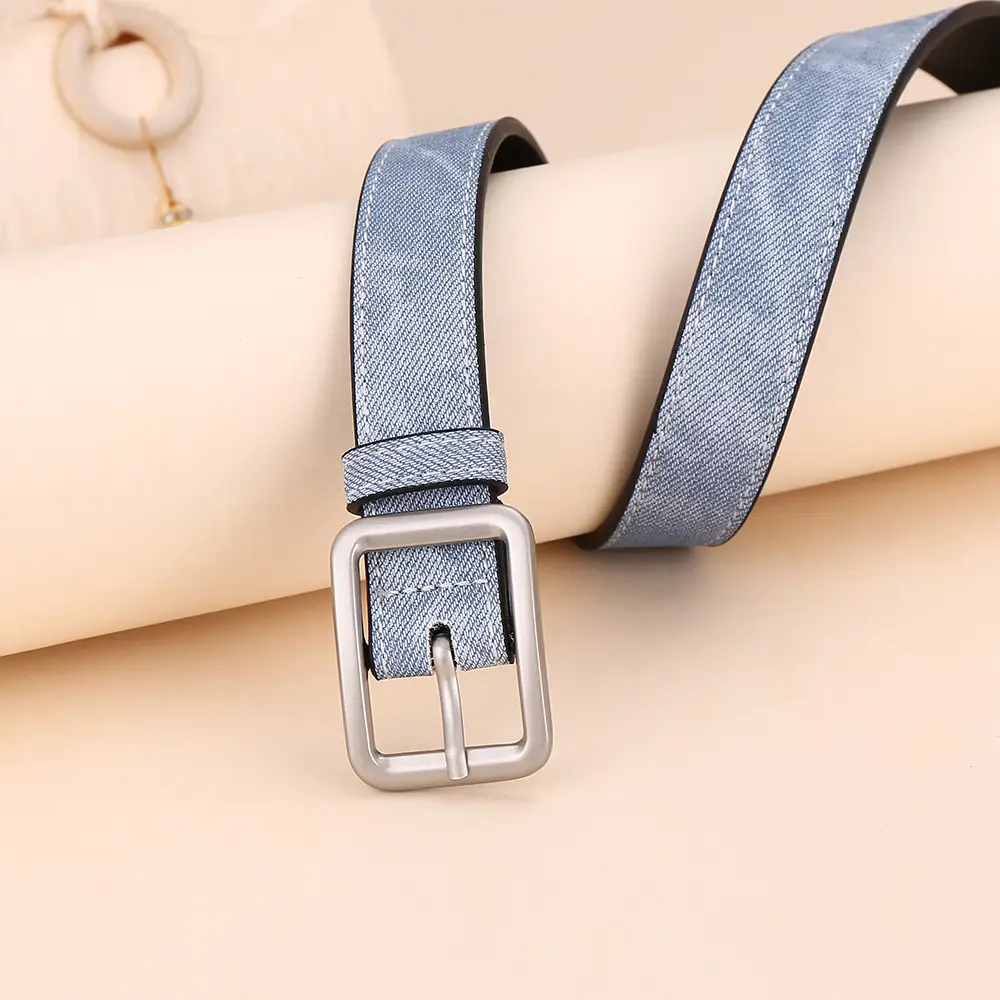 Women Blue Leather Belt with Silver Buckle for Jeans - Image 5