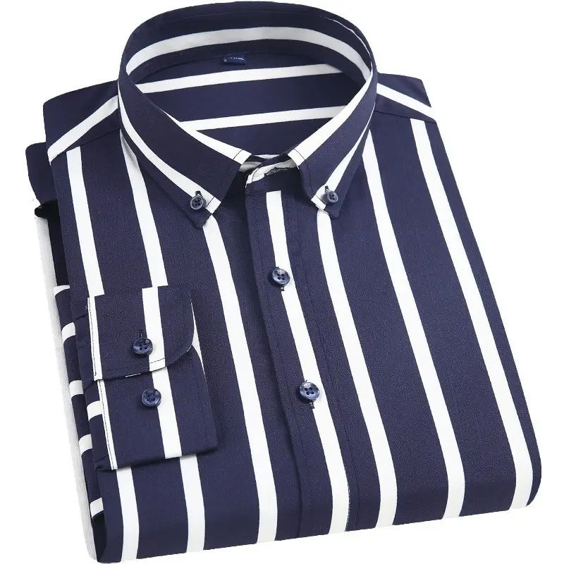 Men Striped Stretch Button Shirt Black Beige - Image 23