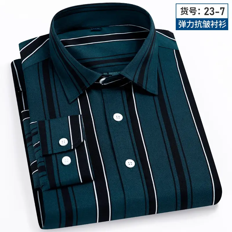Men Striped Stretch Button Shirt Black Beige - Image 6