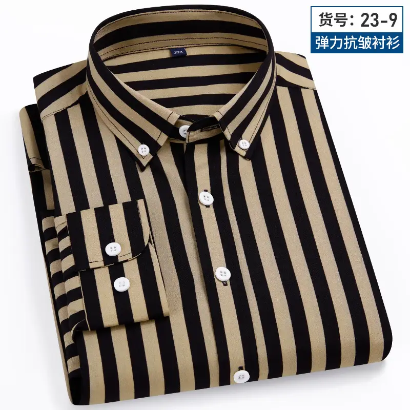 Men Striped Stretch Button Shirt Black Beige - Image 8