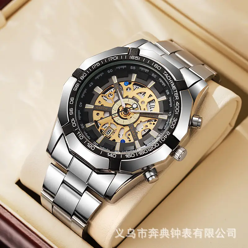 Mechanical Style Hollow Men's Watch with Large Dial, Multi-Functional Calendar, Trendy Business Waterproof Quartz Watch Wholesale