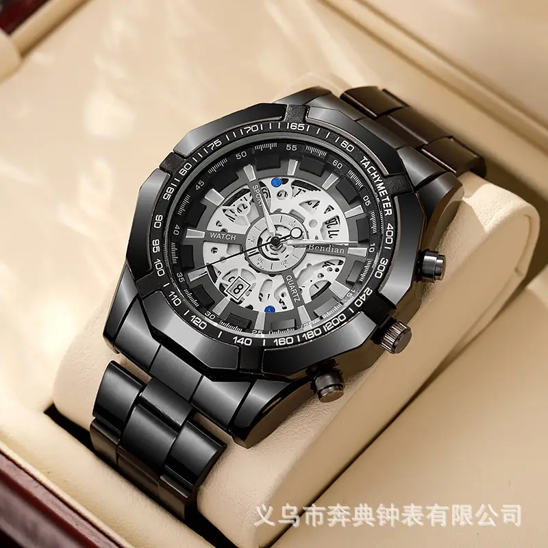 Mechanical Style Hollow Men's Watch with Large Dial, Multi-Functional Calendar, Trendy Business Waterproof Quartz Watch Wholesale