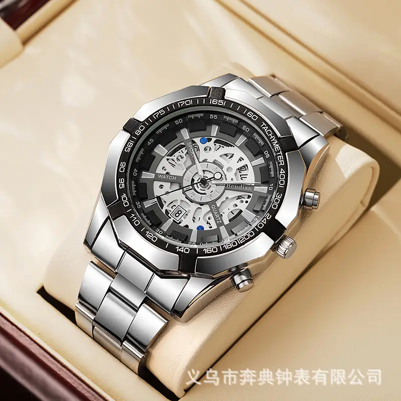 Mechanical Style Hollow Men's Watch with Large Dial, Multi-Functional Calendar, Trendy Business Waterproof Quartz Watch Wholesale