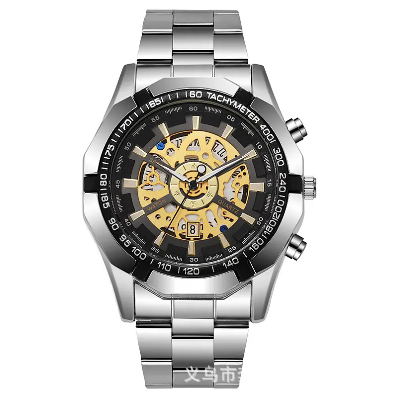 Mechanical Style Hollow Men's Watch with Large Dial, Multi-Functional Calendar, Trendy Business Waterproof Quartz Watch Wholesale