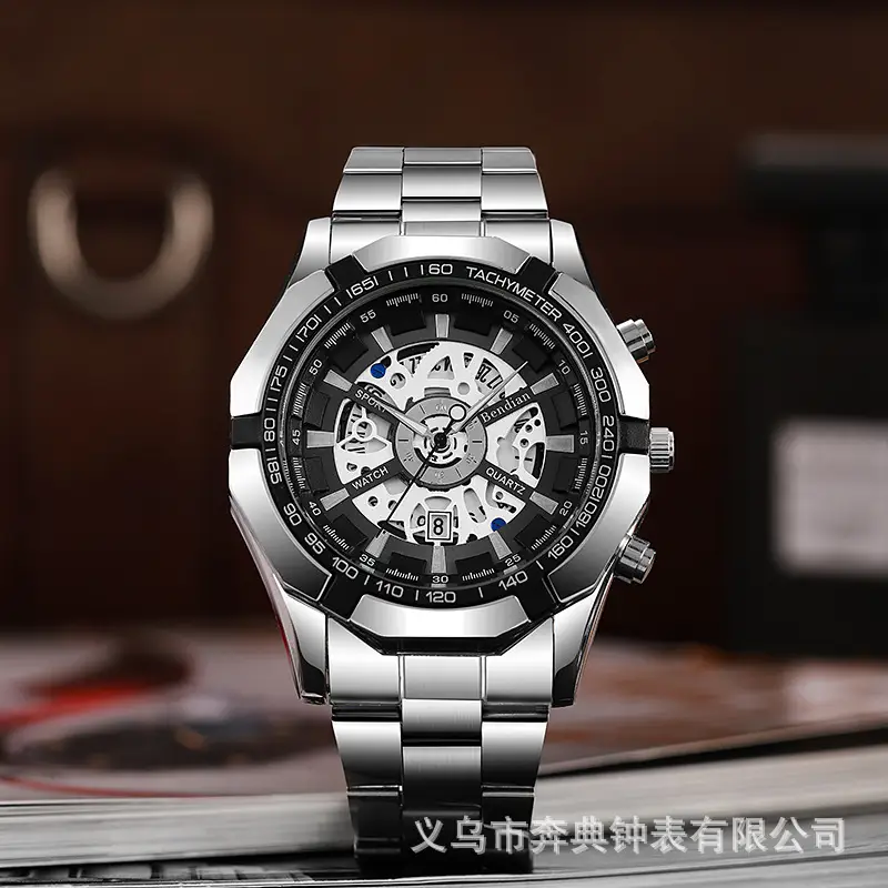 Mechanical Style Hollow Men's Watch with Large Dial, Multi-Functional Calendar, Trendy Business Waterproof Quartz Watch Wholesale — feature 14