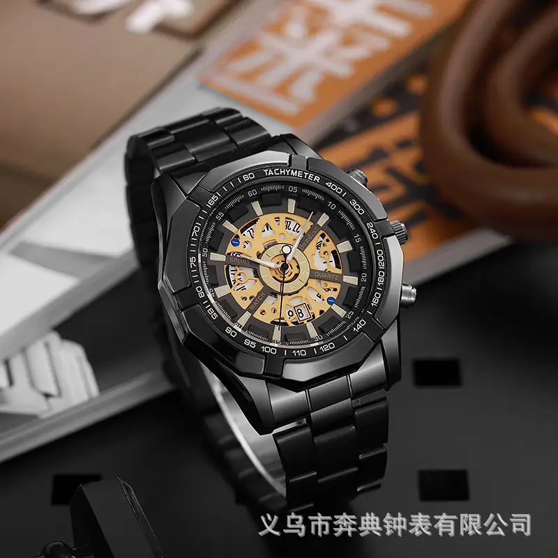 Mechanical Style Hollow Men's Watch with Large Dial, Multi-Functional Calendar, Trendy Business Waterproof Quartz Watch Wholesale — feature 3