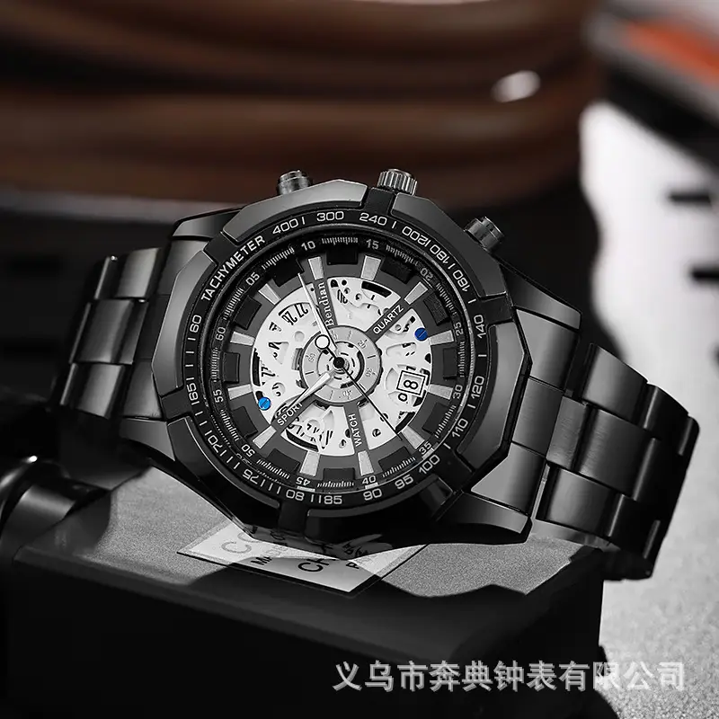 Mechanical Style Hollow Men's Watch with Large Dial, Multi-Functional Calendar, Trendy Business Waterproof Quartz Watch Wholesale — feature 6
