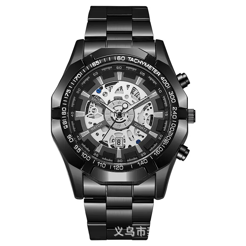 Mechanical Style Hollow Men's Watch with Large Dial, Multi-Functional Calendar, Trendy Business Waterproof Quartz Watch Wholesale