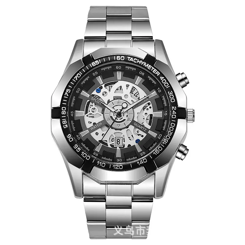 Mechanical Style Hollow Men's Watch with Large Dial, Multi-Functional Calendar, Trendy Business Waterproof Quartz Watch Wholesale