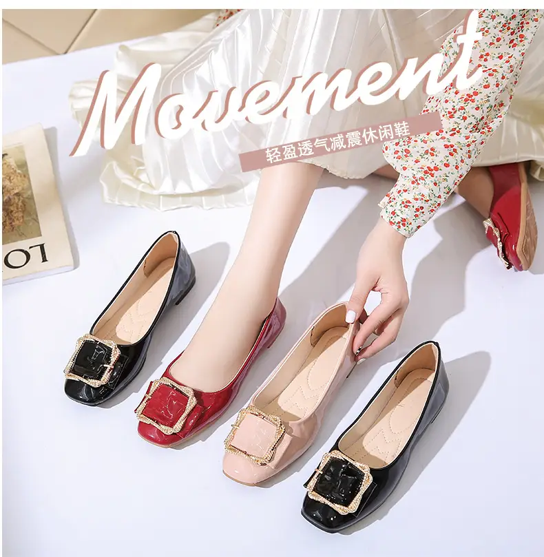 High Heels Women's 2025 New Patent Leather Square Toe Soft Sole Low Heel Beanie Shoes Shallow Mouth Fashion Versatile Thick Heel Flats — feature 1