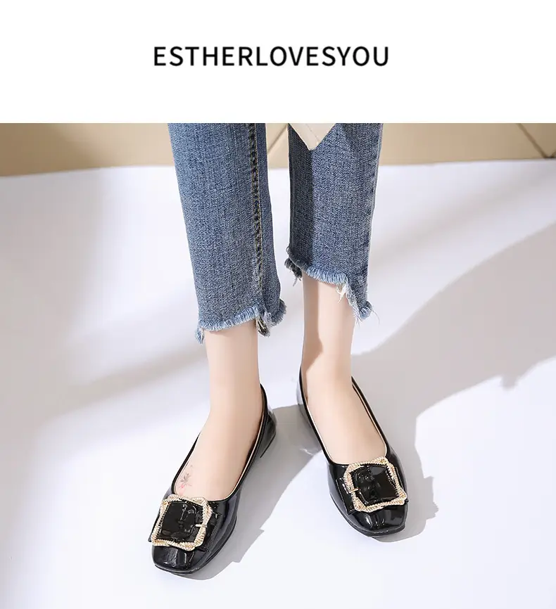 High Heels Women's 2025 New Patent Leather Square Toe Soft Sole Low Heel Beanie Shoes Shallow Mouth Fashion Versatile Thick Heel Flats — feature 11