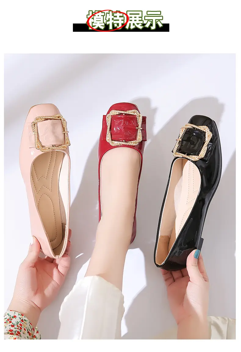 High Heels Women's 2025 New Patent Leather Square Toe Soft Sole Low Heel Beanie Shoes Shallow Mouth Fashion Versatile Thick Heel Flats — feature 5