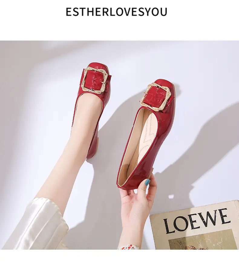 High Heels Women's 2025 New Patent Leather Square Toe Soft Sole Low Heel Beanie Shoes Shallow Mouth Fashion Versatile Thick Heel Flats — feature 6